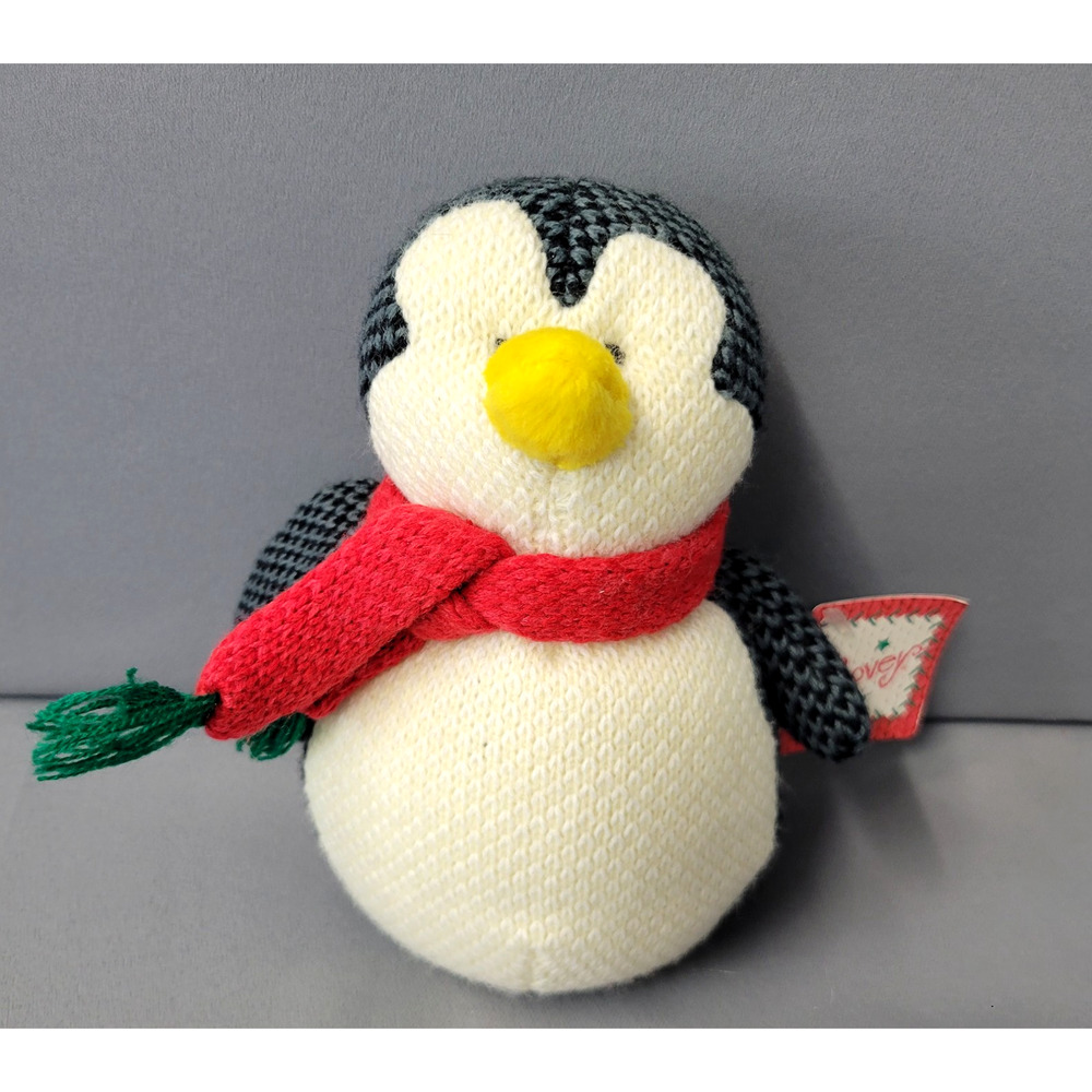 Russ Berrie Poovey Penguin Plush Toy Knit Black Ivory Scarf 6" Winter Christmas